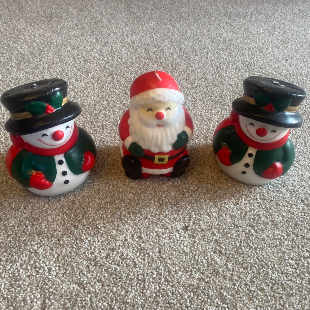 Vintage Christmas Candle Set 3pc Santa Claus and Snowmen Holiday Decor
